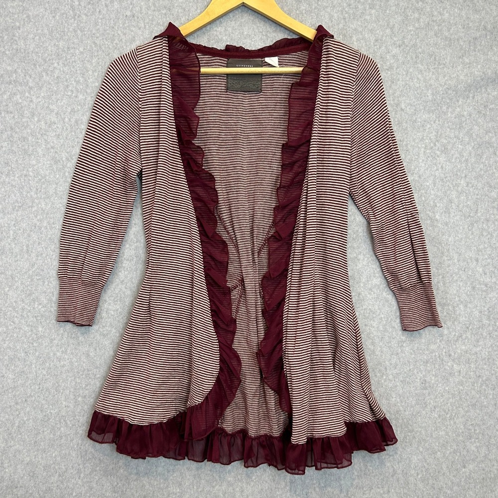 Guinevere Anthropologie Size Small Cardigan Sweater Red Burgundy Stripe Ruffle
